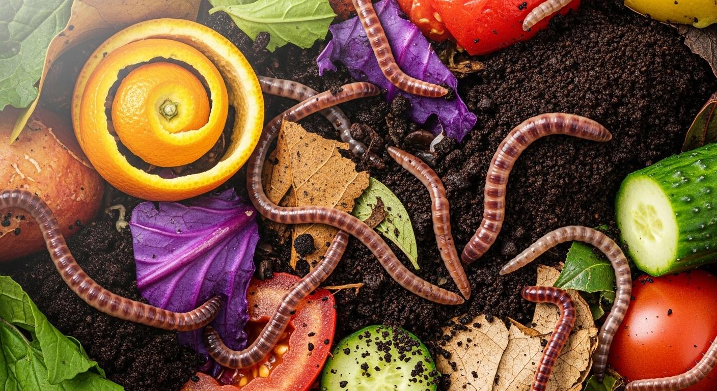Un amas de déchets organiques colorés dans un bac à compost, avec des épluchures, du marc de café et des vers de terre en pleine action sous une lumière filtrée, illustrant la transformation naturelle.