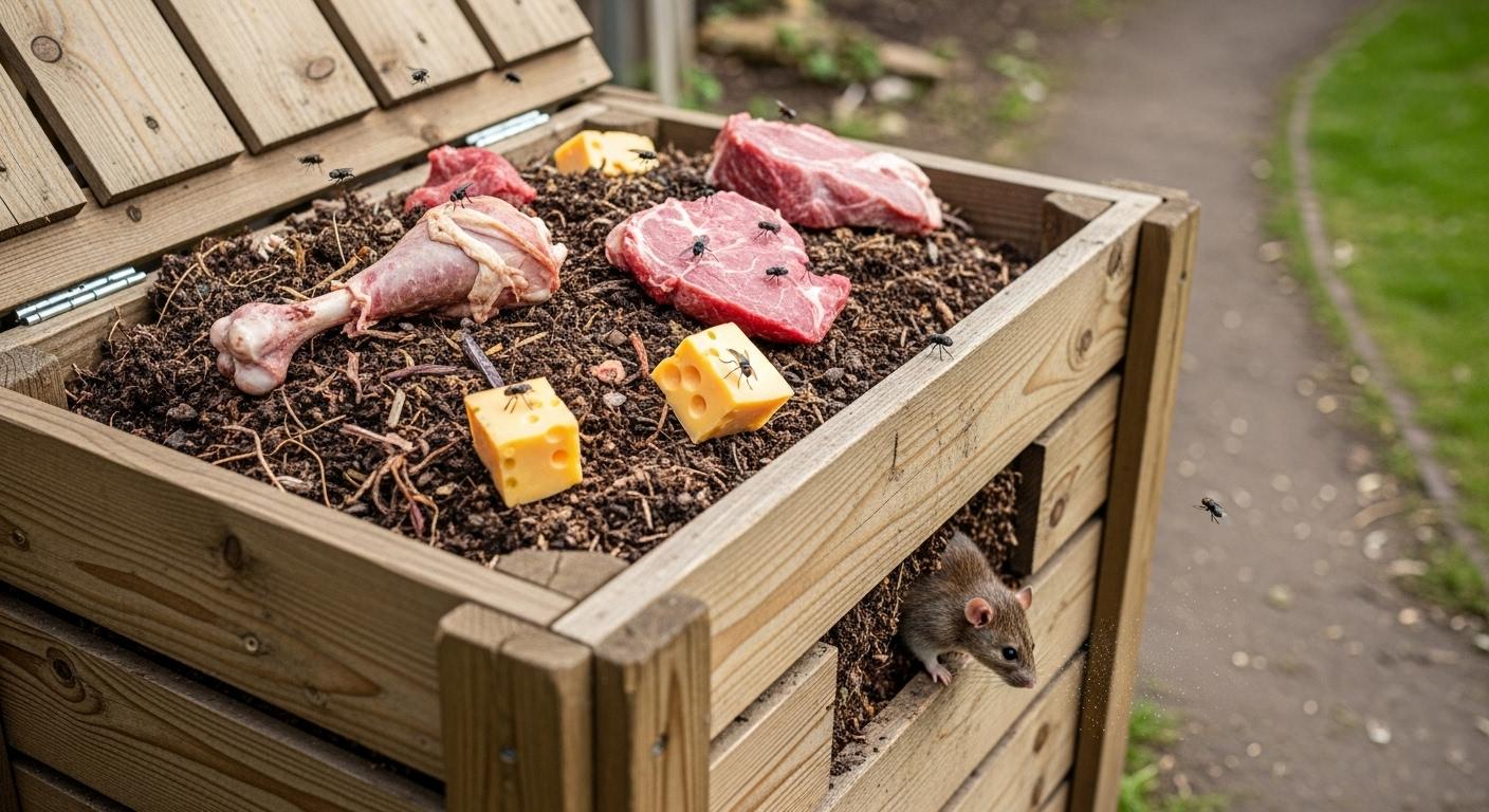 Un composteur familial à moitié ouvert montre un mélange de déchets, où des morceaux de viande et de fromage sont clairement posés au-dessus, attirant mouches et rongeurs aux alentours, illustrant un exemple à ne pas suivre.