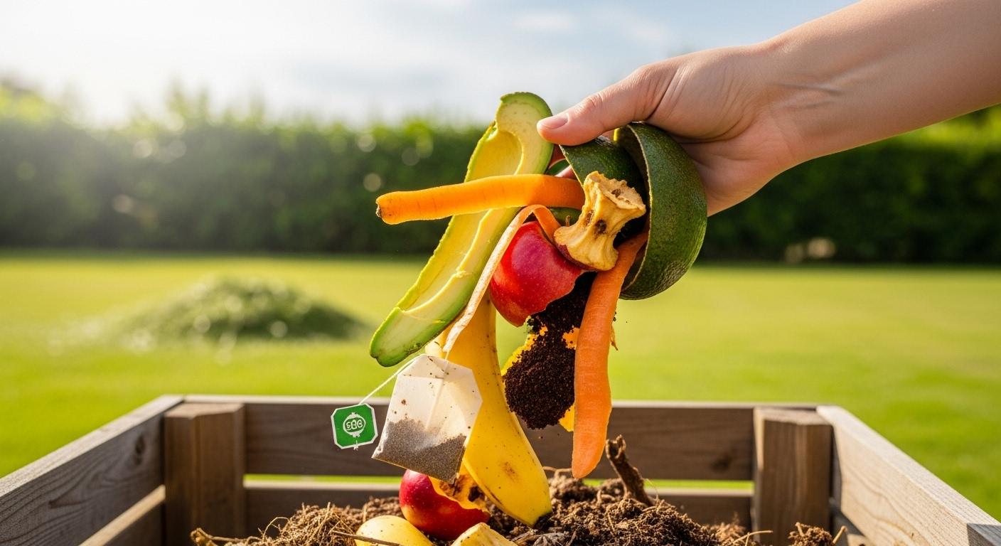 Une main versant des épluchures de légumes et fruits multicolores, du marc de café et un sachet de thé biodégradable dans un composteur de jardin, sous un ciel lumineux, avec de la pelouse fraîchement coupée à proximité.